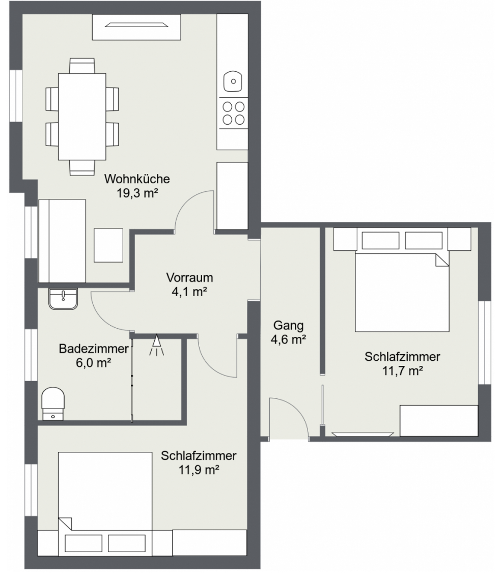 Grundriss Appartement Zwölferkogel mit zwei Schlafzimmer, Wohnküche und Bad